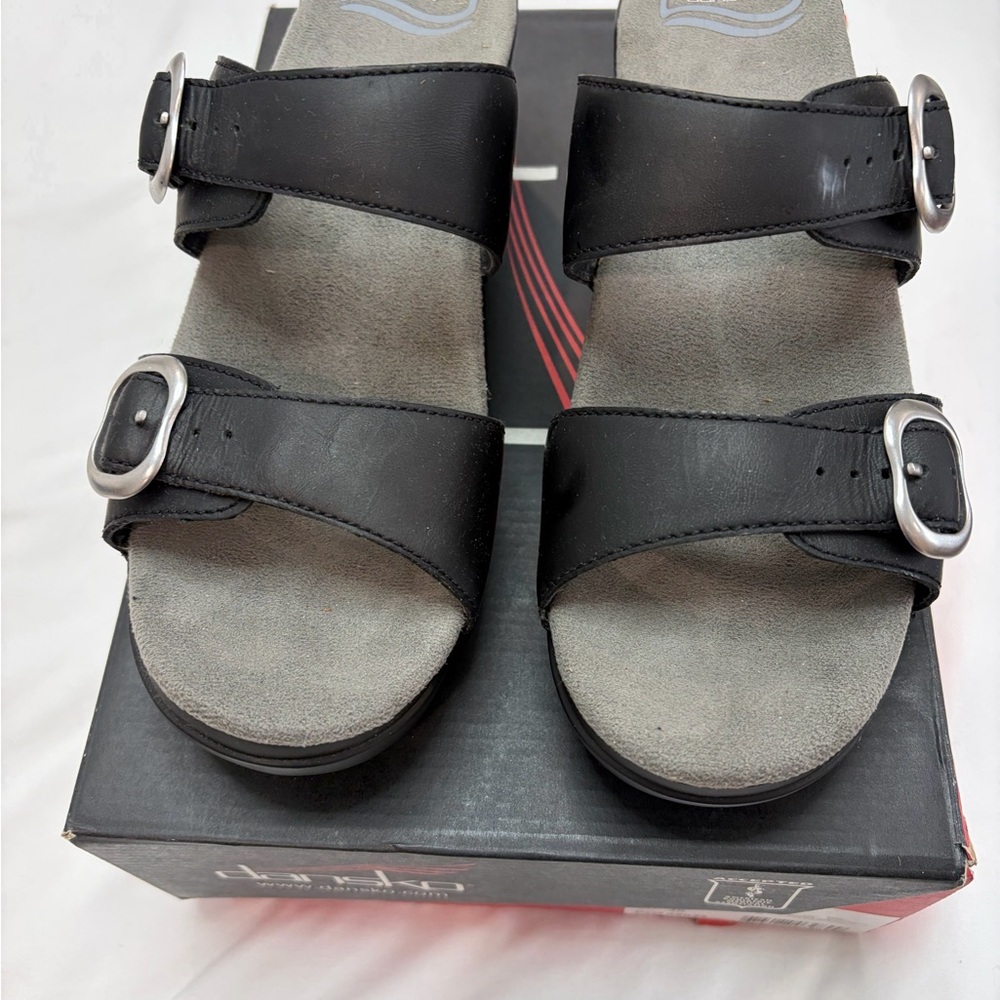 Dansko Black Leather Double-Buckle Slide Sandals